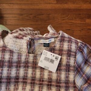 American Eagle Outfitters Long Sleeve Plaid Top in Cream and Purple